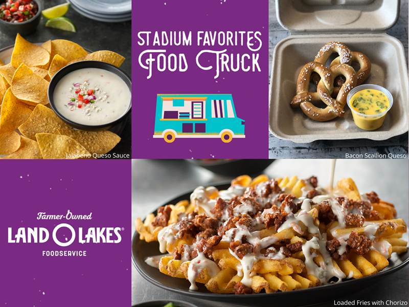 Land O'Lakes Foodservice Taco Truck Menu Inspiration featuring Jalapeno Queso Sauce, Bacon Scallion Queso, Loaded Fries with Chorizo