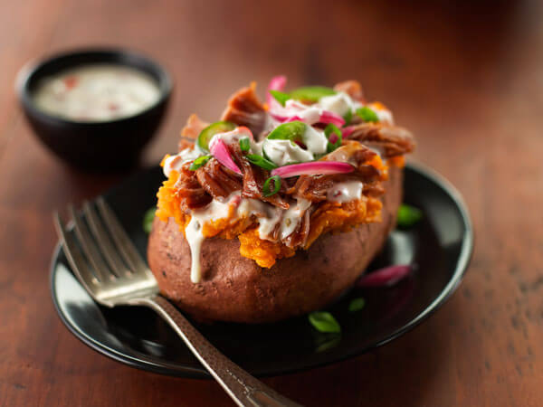 Land O’Lakes Foodservice | Stuffed Sweet Potatoes with BBQ Pulled Pork and Queso Bravo® Cheese Dip