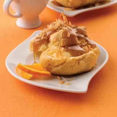 Toasted Coconut Cream Puffs with Salted Caramel Drizzle