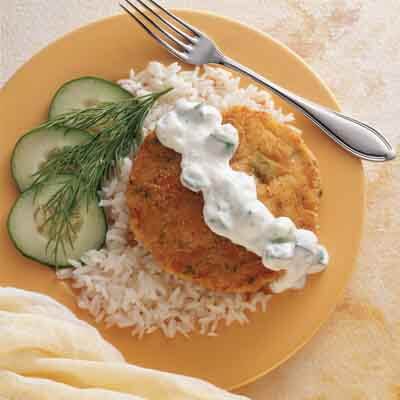 Crab Cakes & Rice with Cucumber Sauce Image 