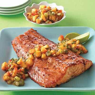 Spiced Brown Sugar Salmon with Peach-Kiwi Salsa