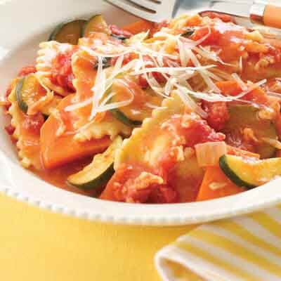 Ravioli in Chunky Garden Vegetable Sauce