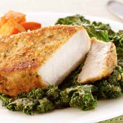 Parmesan-Crusted Pork Chops with Kale