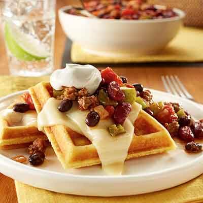 Chili with Cheesy Cornbread Waffles