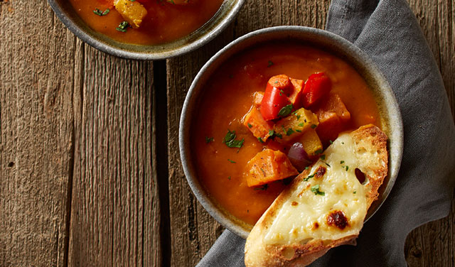 Roasted Vegetable Soup with Cheese Croutons